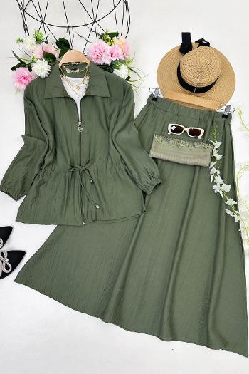 ÇİLEK KUMAŞ BELDEN BÜZGÜLÜ ETEKLİ TAKIM