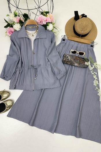 ÇİLEK KUMAŞ BELDEN BÜZGÜLÜ ETEKLİ TAKIM