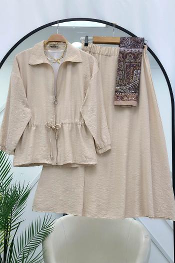 ÇİLEK KUMAŞ BELDEN BÜZGÜLÜ ETEKLİ TAKIM