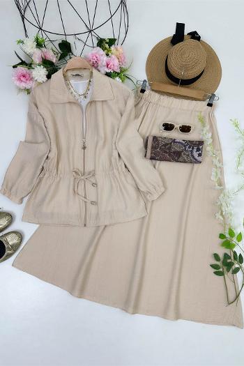 ÇİLEK KUMAŞ BELDEN BÜZGÜLÜ ETEKLİ TAKIM