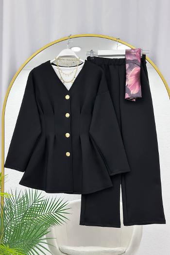 PENS DETAYLI GOLD DÜĞMELİ KADIN SCUBA PANTOLON TAKIM