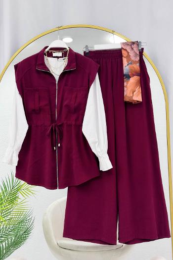 TENSEL KUMAŞ BELİ BÜZGÜLÜ PANTOLONLU YTAKIM