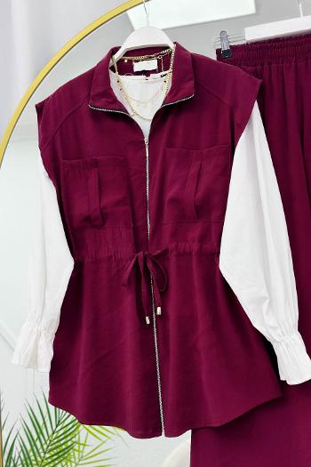 TENSEL KUMAŞ BELİ BÜZGÜLÜ PANTOLONLU YTAKIM