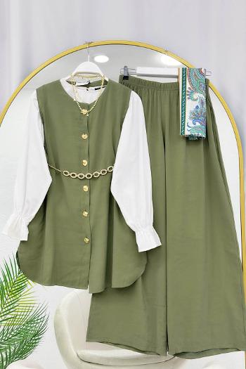 LÜLE TAŞ DETAYLI YELEK PANTOLONLU KADIN TAKIM 