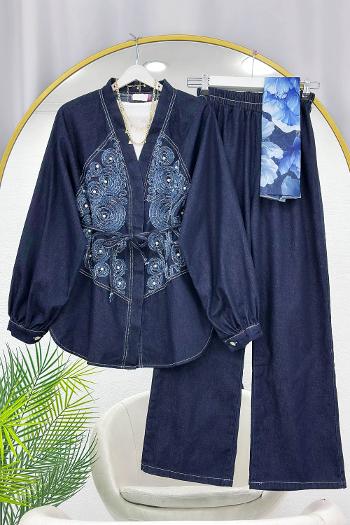 BONCUK  DESENLİ PANTOLONLU KADIN  KOT TAKIM