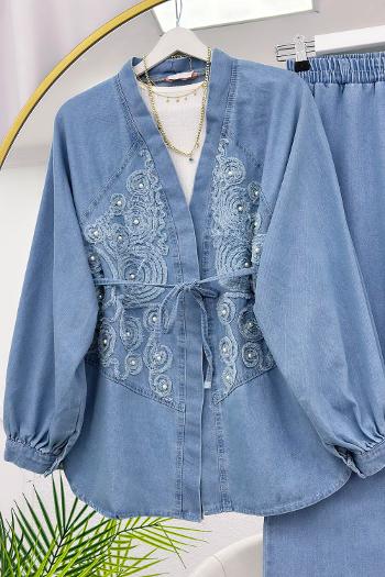 BONCUK  DESENLİ PANTOLONLU KADIN  KOT TAKIM