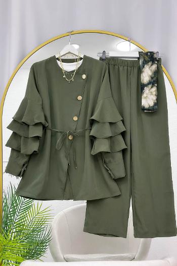 KOLLAR FIRFIRLI GOLD DÜĞME DETAYLI PANTOLONLU TAKIM