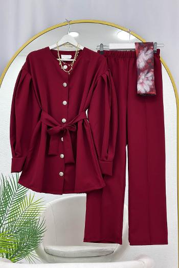 ÖNÜ DÜĞMELİ KUŞAKLI KREP TAKIM