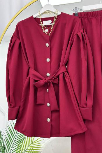 ÖNÜ DÜĞMELİ KUŞAKLI KREP TAKIM