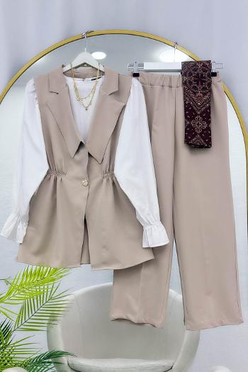 KREP KUMAŞ DÜĞMELİ YELEKLİ KADIN  PANTOLON TAKIM