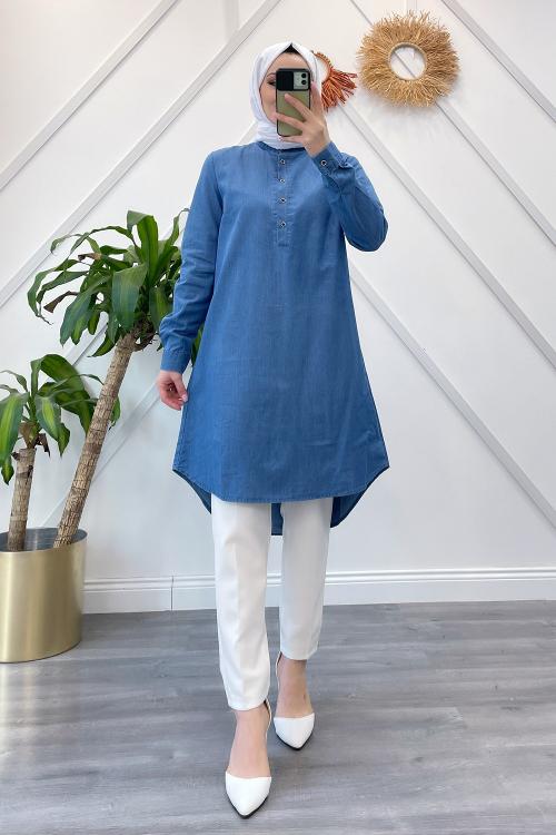 HAKİM YAKA DÜĞMELİ KOT GÖMLEK