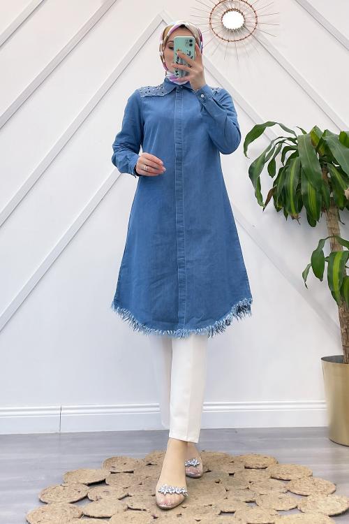 TAŞLI APOLETLİ KOT GÖMLEK