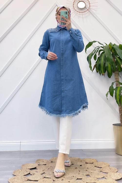 TAŞLI APOLETLİ KOT GÖMLEK