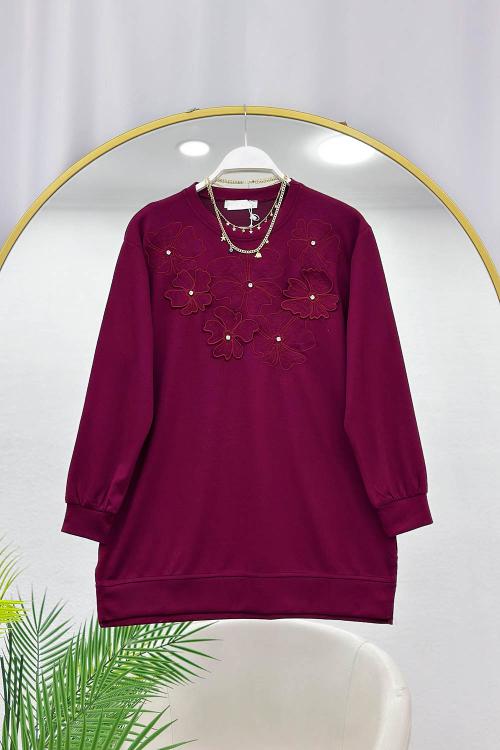 ÇİÇEK NAKIŞLI TAŞ DETAYLI OYSHO KUMAŞ KADIN TUNİK